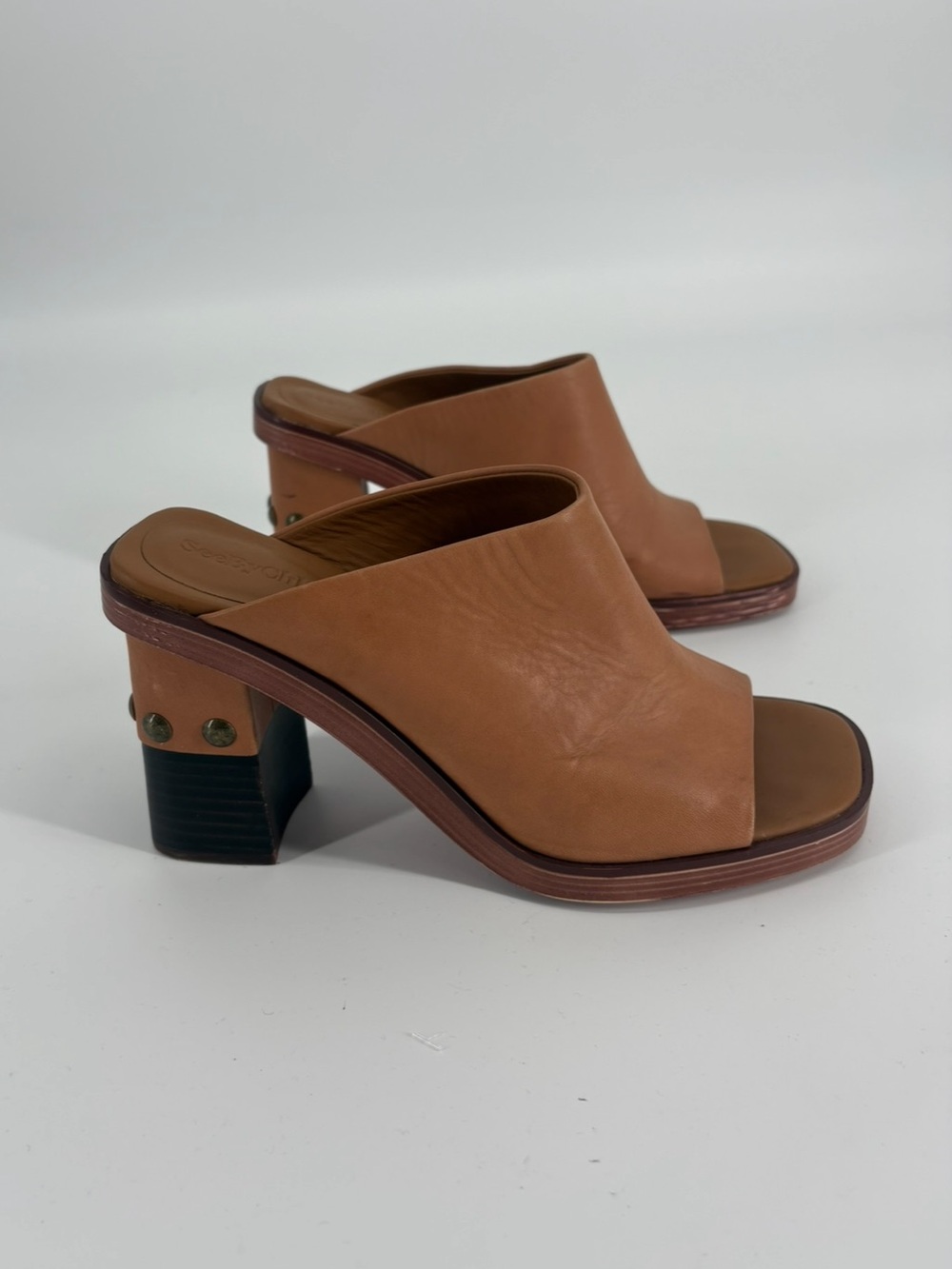 See By Chloé Tan Open-Toe Leather Mule Heels